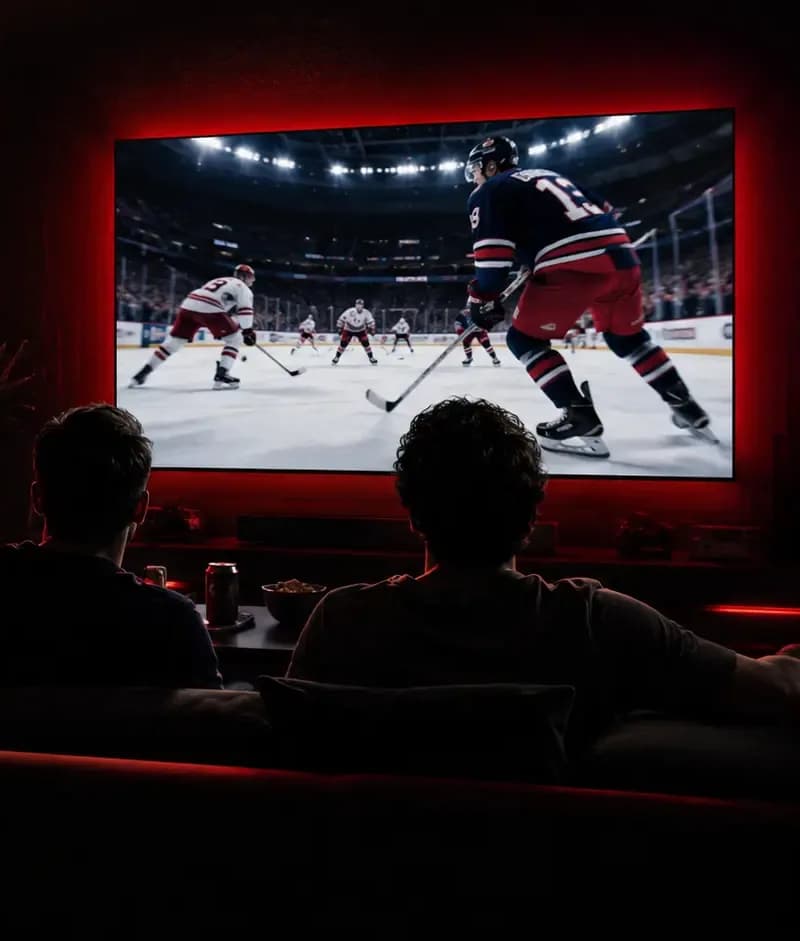 Amici guardano una partita di hockey su ghiaccio in 4K su un grande televisore, in una stanza buia illuminata di rosso