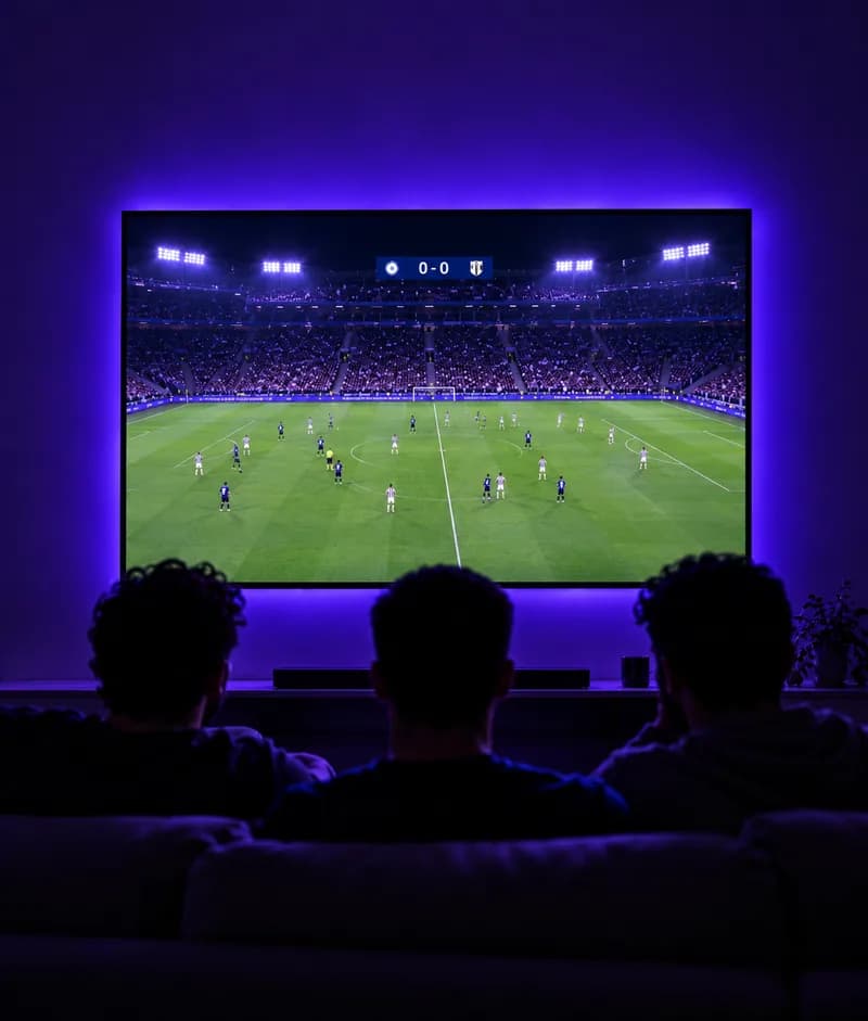 Tre amici sul divano guardano una partita di calcio in diretta su un grande televisore, in un salotto illuminato di viola